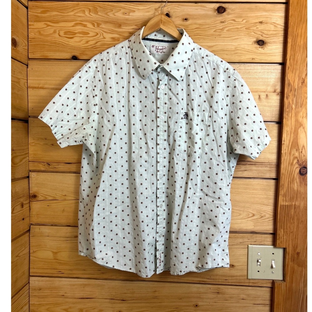 Original Penguin Mens XL Mint‎ Green Polka Dot Stripe Short Sleeve Button Shirt